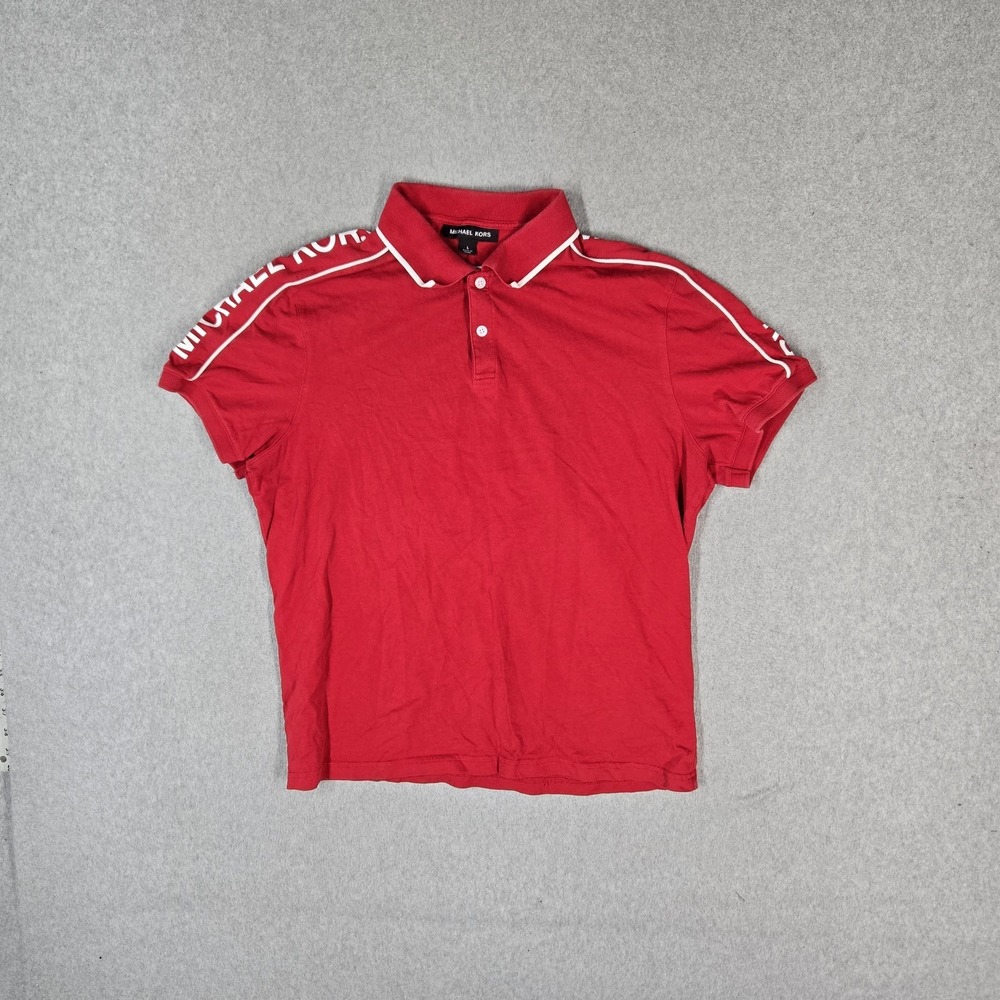 Michael Kors Men Polo L Red Shoulder Logo Spellout Short Sleeve Collar Cotton
